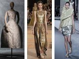 Christian Dior par Raf Simons, Robe du soir courte, Haute couture, automne-hiver 2014-2015, modèle 3, damas de soie broché, brodé de fil, de perles et de strass / Valentino par Maria Grazia Chiuri et Pierpaolo Piccioli, Robe du soir longue, Haute couture, automne-hiver 2015-2016, modèle 46, chevreau doré brodé de cordonnet et de perles appliqué sur tulle / Rick Owens, Ensemble, Gilet et robe, Prêt-à-porter, printemps-été 2016, toiles de Nylon et de coton enduites de polyu-réthane, métallisées argent. Collection Mode et Textile © DR