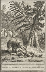 Illustration de la fable de Jean de La Fontaine {L'Ours et les deux compagnons}, d'après un dessin de Jean-Baptiste Oudry