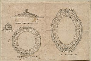 Cat. 3 : Quatre dessins représentant une écuelle, son assiette, le détail des anses de l'écuelle et un plat ovale désigné comme plat à rôt