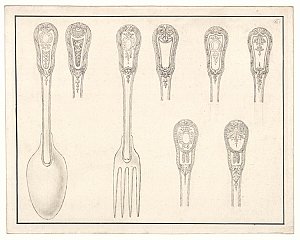 Cat. 6 : Une fourchette, une cuillère et six modèles de manches de cuillères
