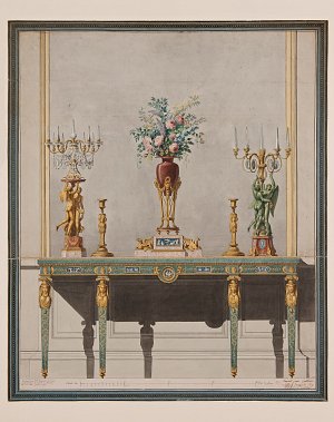 Jean-Démosthène Dugourc, Projet pour une table d'applique, candélabres, flambeaux et vase, vers 1790