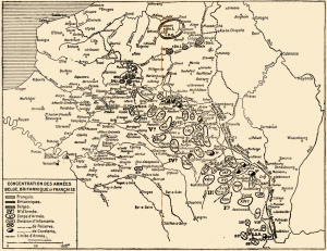 Carte de la concentration des armées belge, britannique et française en août 1914