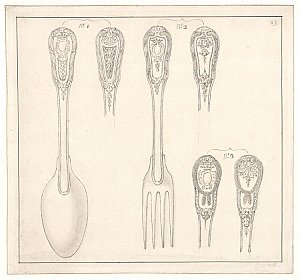 Cat. 5 : Une fourchette, une cuillère et quatre modèles de manches de cuillères