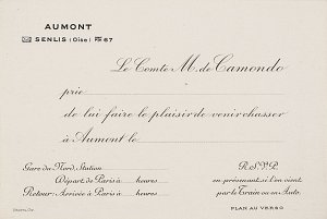 Carton d'invitation de chasse chez Moïse de Camondo, à Aumont, s.d.