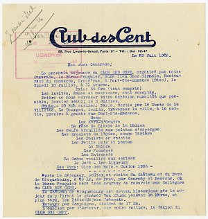 Lettre du Club des Cent à Moïse de Camondo du 25 juin 1926, relative au déjeuner organisé par le baron Fouquier le 10 juillet chez Sirmain, restaurant du Commerce à Pont-Sainte-Maxence (Oise)