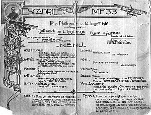 Menu du repas servi à l'escadrille MF 33, le 14 juillet 1916